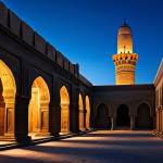 A serene and captivating night view of an ancient historical city's architectural landmarks, reminiscent of Old Cairo. Majestic stone temples and weathered buildings are bathed in soft, warm light, creating deep, dramatic shadows. The scene features intricate archways and towering columns under a clear, deep indigo sky. Professional photography, high resolution, atmospheric, mysterious, family-friendly, safe for work, appropriate content, fully clothed (implied, as the focus is on architecture), perfect anatomy, correct proportions, natural pose, well-formed elements.