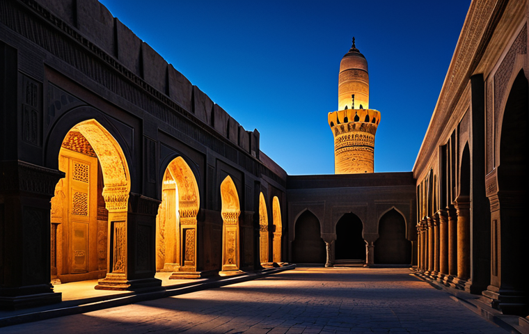 A serene and captivating night view of an ancient historical city's architectural landmarks, reminiscent of Old Cairo. Majestic stone temples and weathered buildings are bathed in soft, warm light, creating deep, dramatic shadows. The scene features intricate archways and towering columns under a clear, deep indigo sky. Professional photography, high resolution, atmospheric, mysterious, family-friendly, safe for work, appropriate content, fully clothed (implied, as the focus is on architecture), perfect anatomy, correct proportions, natural pose, well-formed elements.