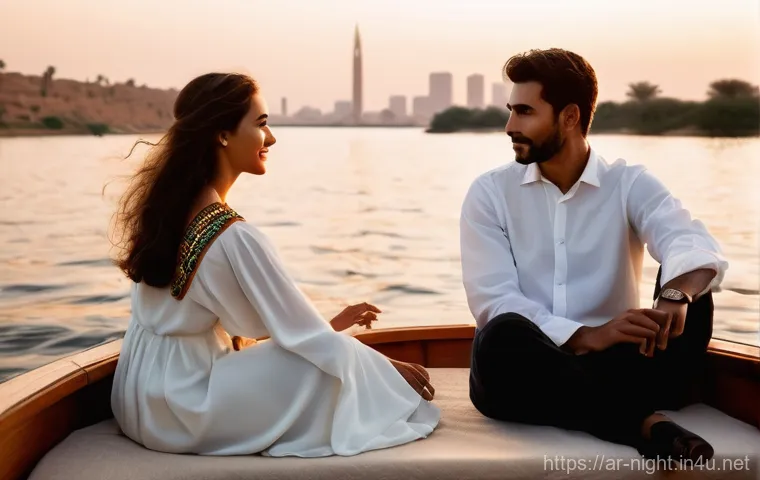 야경 데이트 추천 - **Prompt:** A romantic scene featuring a diverse couple (man and woman), dressed in modest, comforta...