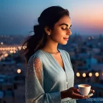 Home 5 야경 명소 실시간 검색 - **Prompt 1: Urban Night Serenity**
"A young woman, elegantly dressed in a modest, fashionable lo...