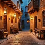 Home 3 야경 속 자연과 도시의 조화 - **Prompt 1: Historic Arab Alley at Twilight**
"A picturesque, narrow alleyway in an ancient Arab...
