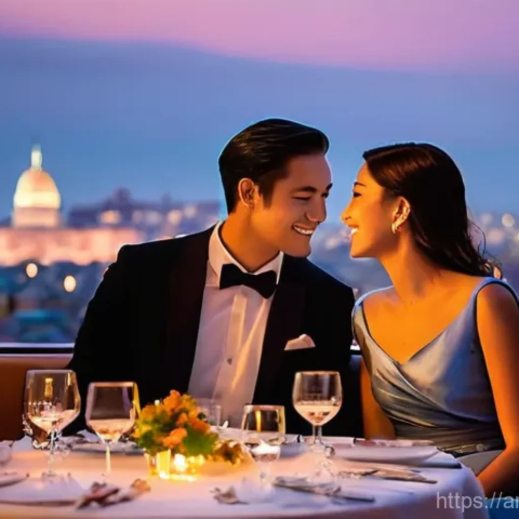 야경 명소 근처 맛집 - **Prompt: Elegant Rooftop Dining at Sunset in a Bustling Metropolis**
    "An exquisitely dressed co...