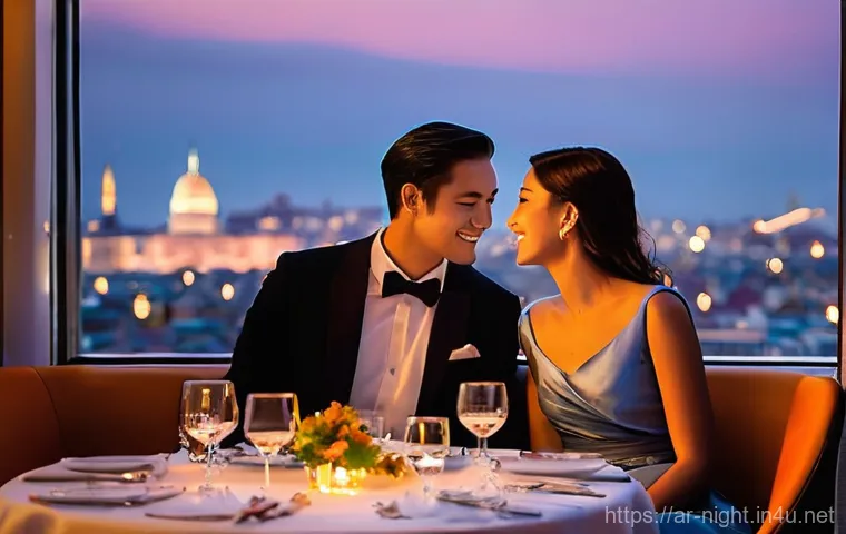 야경 명소 근처 맛집 - **Prompt: Elegant Rooftop Dining at Sunset in a Bustling Metropolis**
    "An exquisitely dressed co...