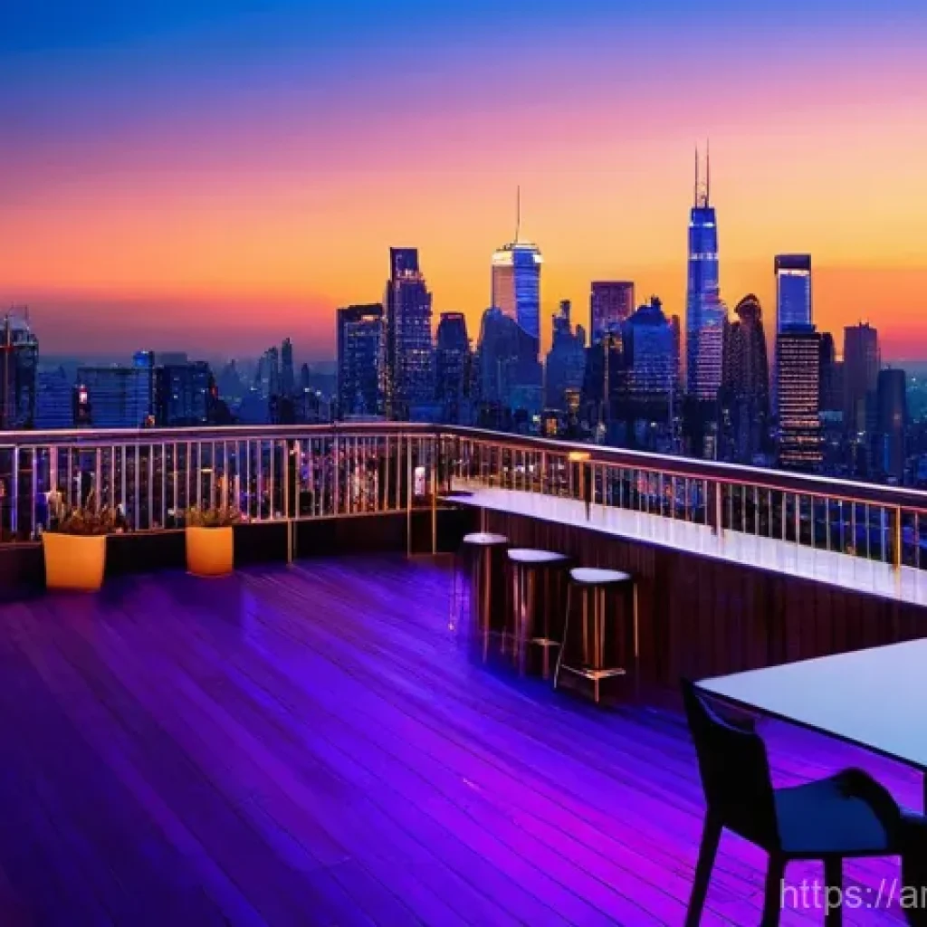 야경을 즐길 수 있는 바 - **Prompt:** A breathtaking panoramic view from a luxurious rooftop bar in a vibrant metropolis at du...