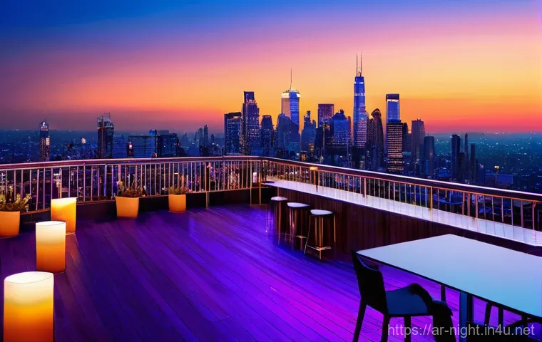 야경을 즐길 수 있는 바 - **Prompt:** A breathtaking panoramic view from a luxurious rooftop bar in a vibrant metropolis at du...