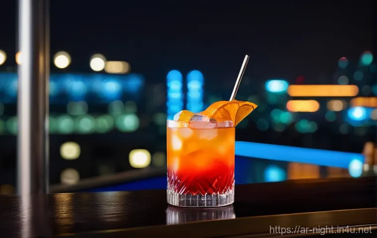 야경을 즐길 수 있는 바 - **Prompt:** A breathtaking panoramic view from a luxurious rooftop bar in a vibrant metropolis at du...