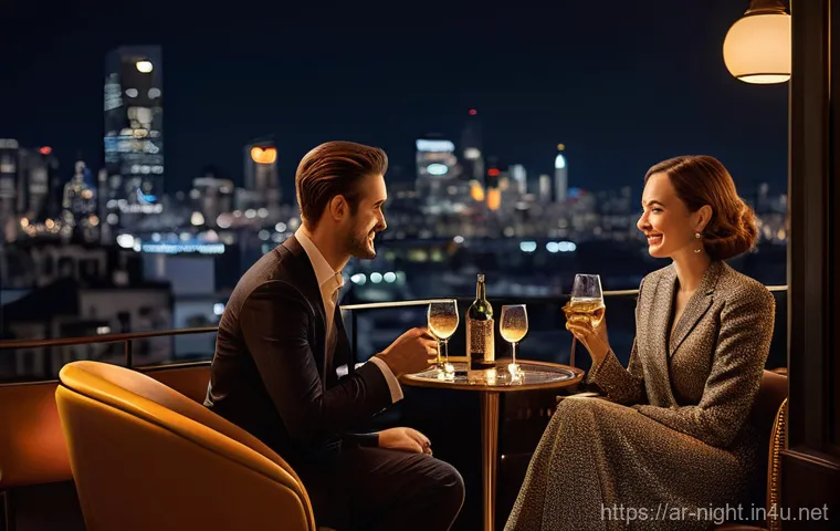 야경을 즐길 수 있는 바 - **Prompt:** A close-up, beautifully composed shot of an exquisite, artfully crafted cocktail with vi...