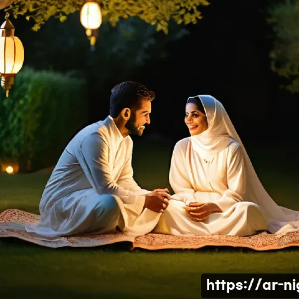 야경 속 연인 사진 촬영법 - A romantic nighttime outdoor photo of an Arabic couple in traditional modest clothing, seated closel...