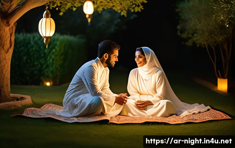 야경 속 연인 사진 촬영법 - A romantic nighttime outdoor photo of an Arabic couple in traditional modest clothing, seated closel...