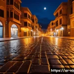 Home 21 장노출 사진 촬영법 - A dramatic long exposure night landscape of an ancient Middle Eastern city street, illuminated by wa...