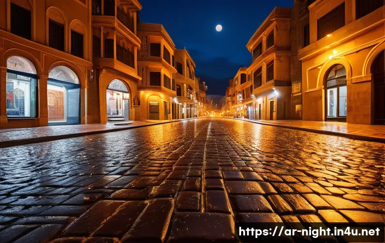 장노출 사진 촬영법 - A dramatic long exposure night landscape of an ancient Middle Eastern city street, illuminated by wa...