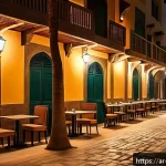 Home 20 야경 속 사람들의 삶 - A serene urban night scene in a Middle Eastern city with softly glowing street lamps casting intrica...