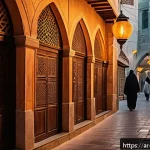 Home 19 야경과 건축미학 - A vibrant urban street scene at night in a Middle Eastern city, featuring creatively designed warm g...