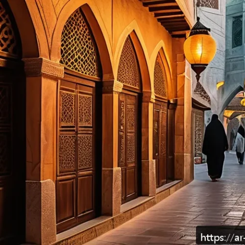 Home 31 야경과 건축미학 - A vibrant urban street scene at night in a Middle Eastern city, featuring creatively designed warm g...