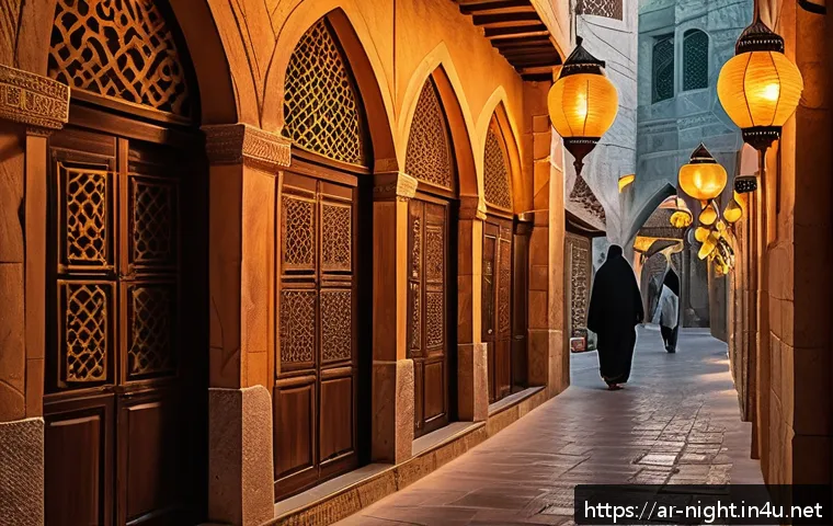 야경과 건축미학 - A vibrant urban street scene at night in a Middle Eastern city, featuring creatively designed warm g...