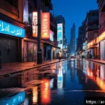 Home 23 야경 촬영 팁 - A nighttime urban cityscape during the blue hour just after sunset, featuring glowing neon signs and...