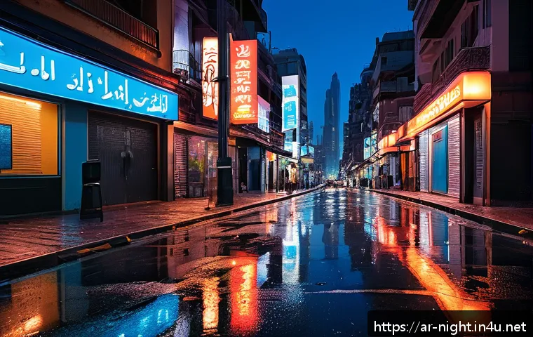 야경 촬영 팁 - A nighttime urban cityscape during the blue hour just after sunset, featuring glowing neon signs and...