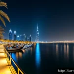 야경 속 다리와 랜드마크 - Photorealistic nighttime panorama of Dubai, the illuminated Dubai Water Canal bridge curving across ...