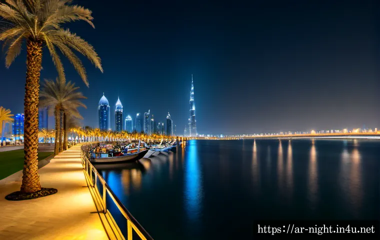 야경 속 다리와 랜드마크 - Photorealistic nighttime panorama of Dubai, the illuminated Dubai Water Canal bridge curving across ...