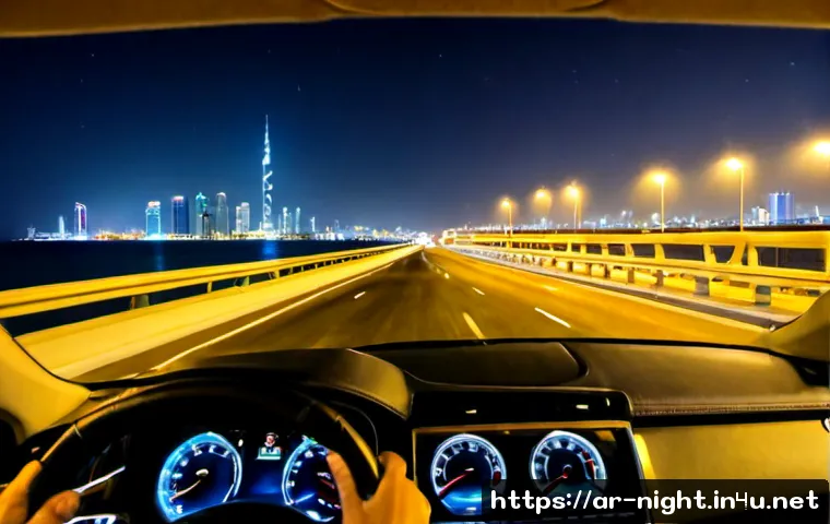 야경 드라이브 코스 - Photorealistic nighttime drive along a sweeping coastal highway in a modern Gulf city, view from ins...