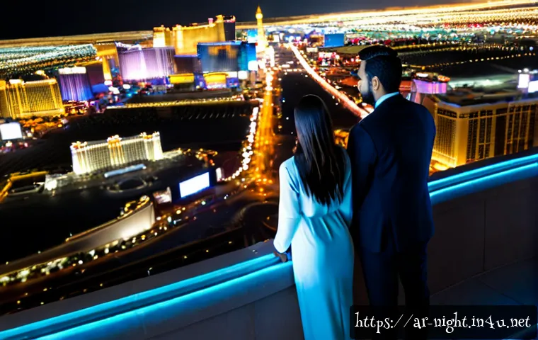 Home 17 라스베이거스 야경 포인트 - Photorealistic panoramic night view of the Las Vegas Strip from a high outdoor observation terrace, ...