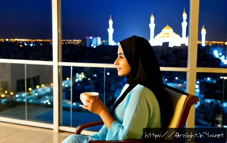 야경과 심리적 안정감 - Photorealistic peaceful nighttime balcony in a modern Middle Eastern apartment, an Arab woman in mod...